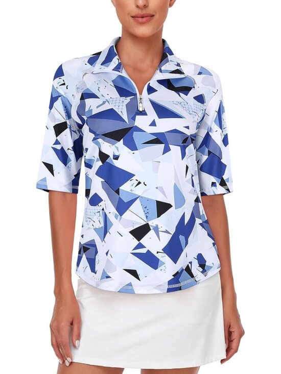 Tops - Womens Light Blue Golf Shirt Quick Dry Half Sleeve 1/4 Zip Tennis Top M-3XL